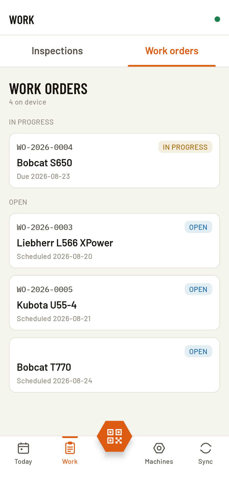 Stalmio Field on a phone: an engineer’s work orders grouped by status against real machines