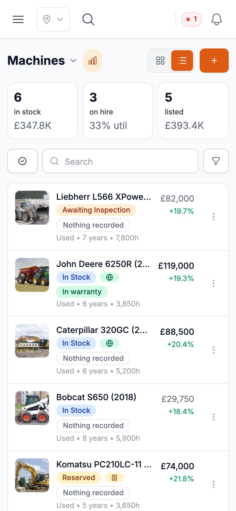 The Stalmio inventory list on a phone: stock value, machines on hire, and each machine with its photo, price and margin